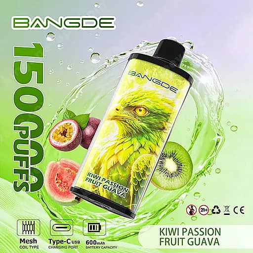 Bang De 150000 Puffs 150K Falcon Crystal Disposable Vape 10 A Bangde Vape Bottle Labeled Kiwi Passion Fruit Guava Tilted On A Splash Of Green Liquid, With Tropical Fruits (Kiwi, Passion Fruit, Guava) In The Background And '1500 Puffs' Along The Left Edge.