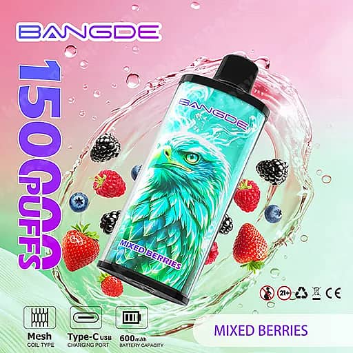 Bang De 150000 Puffs 150K Falcon Crystal Disposable Vape 9 Bangde Vape Pod With A Turquoise-Feathered Creature On The Label, Angled Amid Floating Mixed Berries Against A Pink-To-Green Gradient Background, With The Text Mixed Berries.