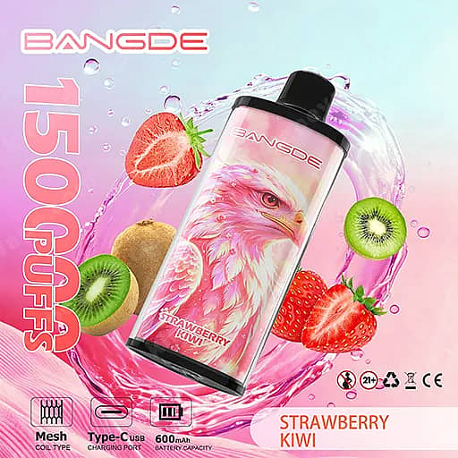 Bang De 150000 Puffs 150K Falcon Crystal Disposable Vape 6 Bangde Vape Device With A Pink Flamingo Label, Tilted Diagonally Amid Splashes Of Pink Liquid And Surrounding Strawberries And Kiwis On A Pastel Gradient Background; Vertical '7500Mah' Text On The Left And 'Strawberry Kiwi' Flavor Label At The Bottom.
