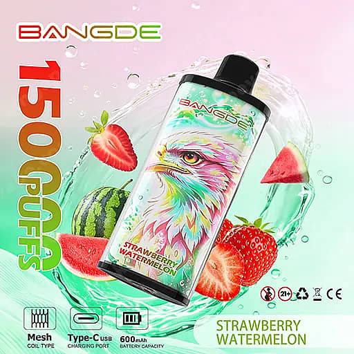Bang De 150000 Puffs 150K Falcon Crystal Disposable Vape 8 A Bangde Disposable Vape Device With A Colorful Bird Illustration On The Label, Tilted To Reveal The Black Mouthpiece, Surrounded By Strawberry And Watermelon Imagery, With The Flavor 'Strawberry Watermelon' And '1500 Puffs' Text Visible.