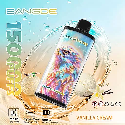 Bang De 150000 Puffs 150K Falcon Crystal Disposable Vape 7 Bangde Vape Pod With A Vibrant Rainbow Bird Illustration On The Label, Tilted Against A Splashy Water Background, Advertising Vanilla Cream Flavor And 1500 Puffs.