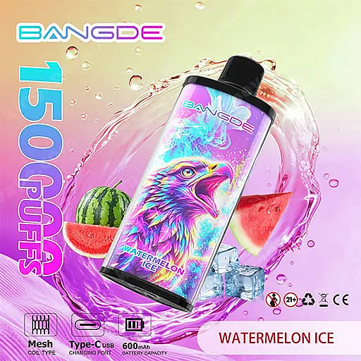 Bang De 150000 Puffs 150K Falcon Crystal Disposable Vape 4 Bright Vape Device With A Multicolored Dragon/Bird Artwork And Black Mouthpiece, Branded Bangde Watermelon Ice, Tilted On A Pastel Background With Watermelon Slices And Ice Cubes, With Vertical '7500 Puffs' Text And Usb-C/Mesh Icons Visible.