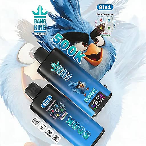 A Blue Fluffy Cartoon Bird With An Orange Beak Stands Behind Two Bang King Vape Pen Devices In Blue And Black, Labeled 5000K And 8In1 Black Dragon Ice, With The Bang King Logo Visible In The Top Left.