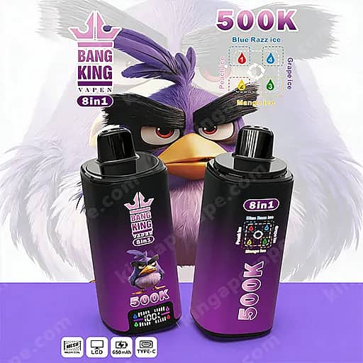Two Bang King Vape 8In1 Bottles With A Black-To-Purple Gradient Label Reading 500K, Set Against A Purple Background With A Large Purple Cartoon Bird, And Flavor Text Indicating Blue Razz Ice.