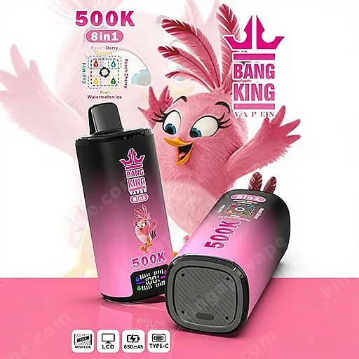 Two Pink Bang King Vape Pens With Gradient Black-Pink Bodies, One Upright And One Lying, Set Against A Pink Background With A Cartoon Pink Parrot And Prominent '500K 8In1' Branding.