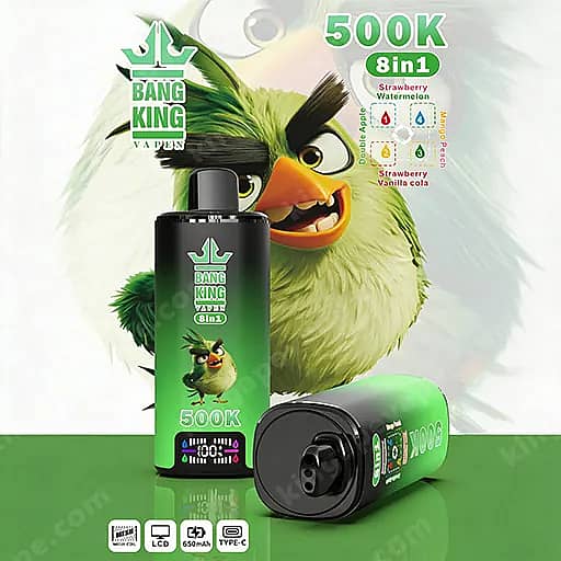 Bang King Vape Ad Featuring A Large Green Parrot Mascot Behind A Green And Black Bottle Labeled 500K 8In1 And A Green Pod Device, With Flavor Options Like Strawberry Watermelon And Strawberry Vanilla Cola.