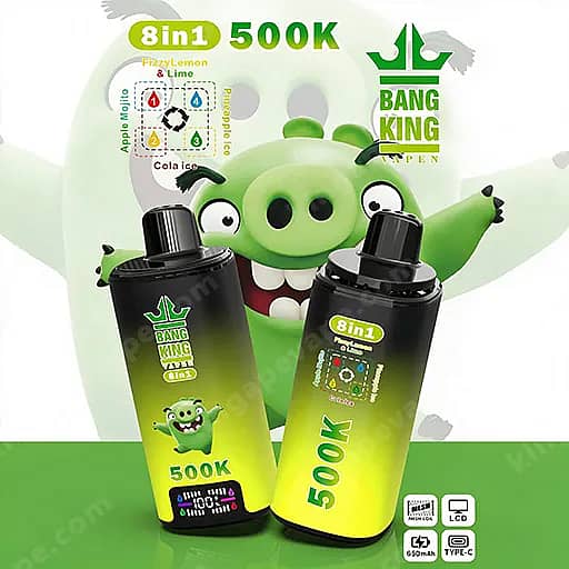 Two Bang King 8In1 500K Bottles With Black-To-Yellow Gradient Labels Stand In Front Of A Green Cartoon Pig Mascot, Each Bottle Showing The Bang King Crown Logo And The 8In1 And 500K Labels.