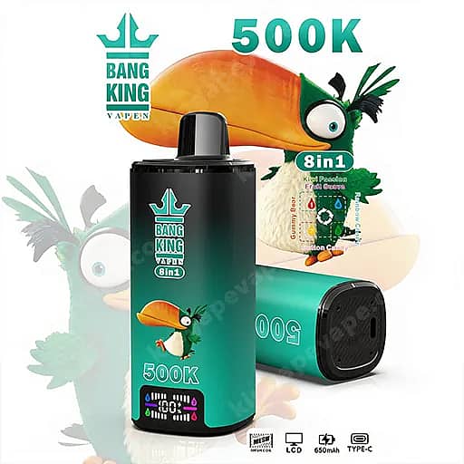 Bang King Vapepen 8In1 Turquoise And Black Cylindrical Vape Device Labeled 500K, Shown Upright With A Cartoon Toucan And Tropical Background.