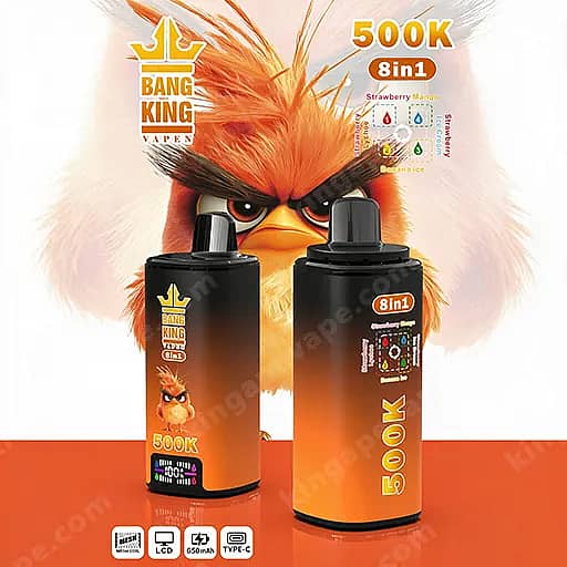 Two Bang King Vape Bottles, Black With Orange Labels, Labeled 500K And 8In1, Stand On An Orange Surface With A Large Orange Cartoon Rooster In The Background And Strawberry Flavor Graphics On The Packaging.