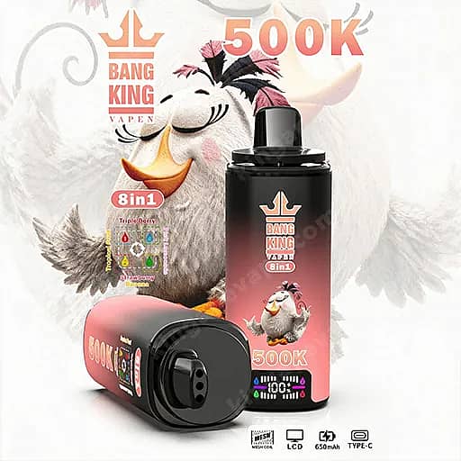 Advertisement For Bang King Vape Featuring A Black-To-Pink Gradient Vape Bottle And A Matching Pod In Front Of A Cartoon White Bird, With Bold 500K Text And An 8In1 Badge, Plus Small Icons At The Bottom Suggesting Battery And Usb-C.
