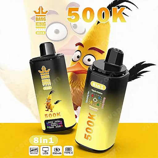 Two Bang King 8In1 Bottles With Black Caps And Yellow Gradient Labels Displaying 500K, Set In Front Of A Cartoon Yellow Chick Against A Light Background.
