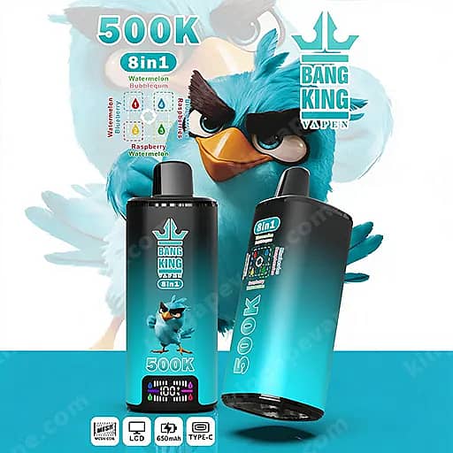 Two Blue Bang King Vape Devices—One Pod-Style And One With A Digital Display—Set Against A Turquoise Parrot Illustration, With 8In1 And 500K Branding Visible.