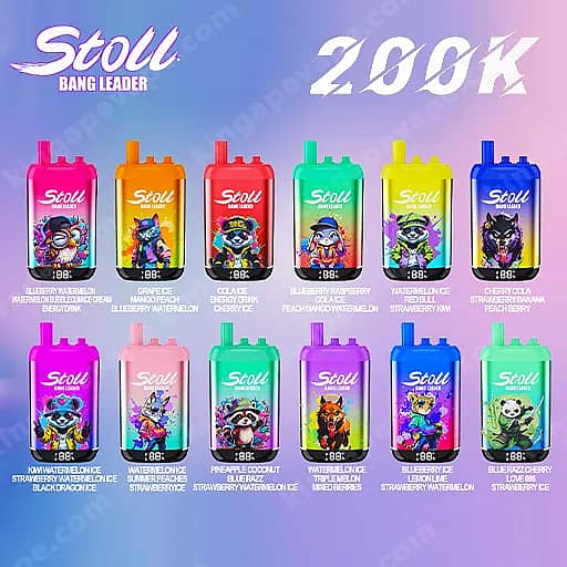 Bang Leader Stoll 200000 Puffs - 3 In 1 Flavors 200K Vape 2 Grid Of Sixteen Colorful Stoll Bottles Arranged In Two Rows Of Eight Against A Blue-To-Pink Gradient Background, Each Bottle Featuring A Cartoon Animal Illustration And A Bold Stoll Label, With Large '200K' Text At The Top.