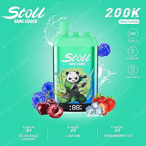 Bang Leader Stoll 200000 Puffs - 3 In 1 Flavors 200K Vape 12 Bright Turquoise Stoll Bang Leader Vape Device With A Green Bottle Featuring A Panda Ninja Illustration, Set Against A Teal Background With Berries And Ice, And Flavor Options Blue Razz Cherry, Love 666, And Strawberry Ice.
