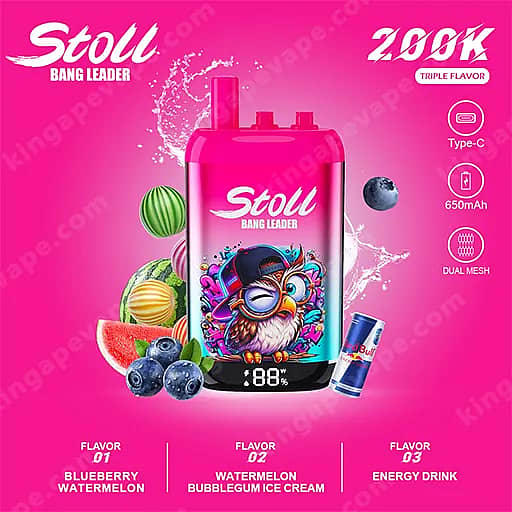 Bang Leader Stoll 200000 Puffs - 3 In 1 Flavors 200K Vape 3 Bright Pink Stoli Bang Leader Bottle Featuring A Cartoon Owl On The Label Sits Against A Pink Background, Surrounded By Fruit Imagery (Watermelon, Blueberries) And Splash Effects, With Flavor Options Listed Below: Blueberry Watermelon, Watermelon Bubblegum Ice Cream, And Energy Drink.