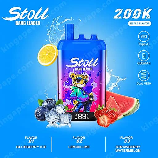 Bang Leader Stoll 200000 Puffs - 3 In 1 Flavors 200K Vape 11 Blue Bottle Of Stoll Bang Leader Vape Juice With A Purple Gradient Label Featuring A Cartoon Tiger, Set Against A Bright Blue Background With Lemon, Blueberries, Ice, A Watermelon Slice And A Strawberry, And Flavor Options Blueberry Ice, Lemon Lime, And Strawberry Watermelon.