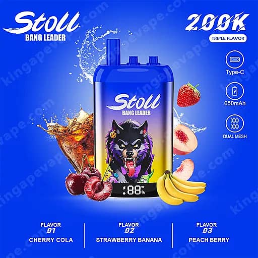 Bang Leader Stoll 200000 Puffs - 3 In 1 Flavors 200K Vape 10 A Bright Blue Vape-Style Bottle With A Wolf Graphic And The Label Stoli Bang Leader Sits Center On A Blue Gradient Background, Surrounded By Splashes Of Liquid And Fresh Fruit—Cherries, A Strawberry, A Peach Slice, And A Banana—With Flavor Options Listed At The Bottom As Cherry Cola, Strawberry Banana, And Peach Berry, And Icons On The Right For Type-C Charging, 650Mah, And Dual Mesh.