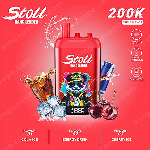 Bang Leader Stoll 200000 Puffs - 3 In 1 Flavors 200K Vape 5 Bright Red Advertisement For Stoll Bang Leader Energy Drink Featuring A Large Red Bottle With A Panda Mascot, Surrounded By Ice Cubes, Cherries, And A Can Of Red Bull, With Flavor Labels Cola Ice, Energy Drink, And Cherry Ice.
