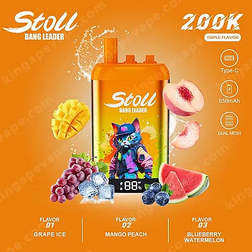Bang Leader Stoll 200000 Puffs - 3 In 1 Flavors 200K Vape 7 Bright Orange Ad For The Stoll Bang Leader Vape Device, Showing A Central Orange Bottle With A Cartoon Cat And Splash Artwork, Surrounded By Fruit Images (Mango, Peach, Grapes, Blueberries, Watermelon) And The Flavors Grape Ice, Mango Peach, And Blueberry Watermelon.