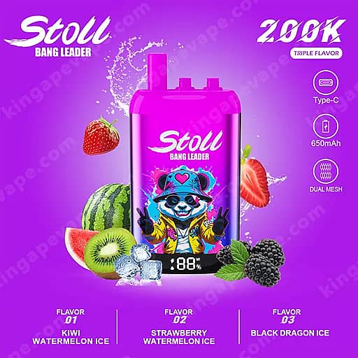 Bang Leader Stoll 200000 Puffs - 3 In 1 Flavors 200K Vape 8 Purple Background Featuring A Pink Stoll Bang Leader Vape Device With A Cartoon Panda On The Front, Surrounded By Strawberry, Kiwi, Watermelon, And Blackberry Slices With Ice, And Flavor Names Kiwi Watermelon Ice, Strawberry Watermelon Ice, And Black Dragon Ice, Plus Icons For Type-C, 650Mah, And Dual Mesh.