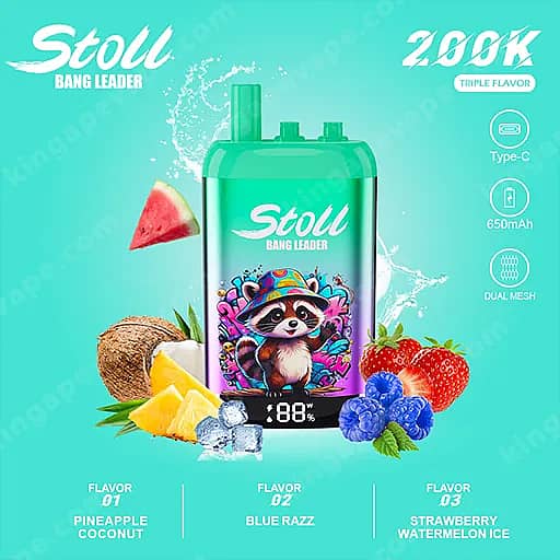 Bang Leader Stoll 200000 Puffs - 3 In 1 Flavors 200K Vape 14 A Turquoise Vape Device With A Raccoon Illustration On Its Label Sits Among Pineapple, Coconut, Strawberries, Blueberries And Ice Cubes Against A Bright Turquoise Background; Bottom Text Lists Flavors Pineapple Coconut, Blue Razz, And Strawberry Watermelon Ice.