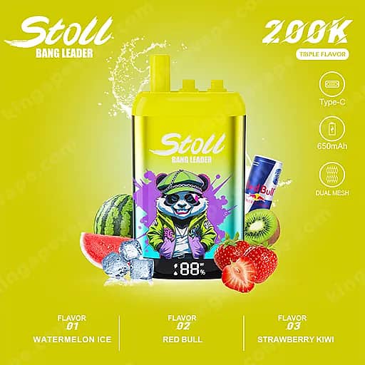 Bang Leader Stoll 200000 Puffs - 3 In 1 Flavors 200K Vape 6 Bright Yellow Stoli Bang Leader Vape Device With A Panda Graphic On A Purple Splash, Surrounded By Watermelon, Kiwi, And Strawberries With Ice, And Flavor Labels Watermelon Ice, Red Bull, And Strawberry Kiwi.