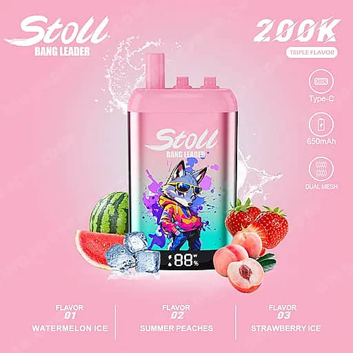Bang Leader Stoll 200000 Puffs - 3 In 1 Flavors 200K Vape 4 A Pink Gradient Vape Device Labeled Stoll Bang Leader Featuring A Cartoon Wolf Wearing Sunglasses On The Front, Set Against A Pink Background And Surrounded By Watermelon, Peaches, Strawberries, And Ice Cubes.