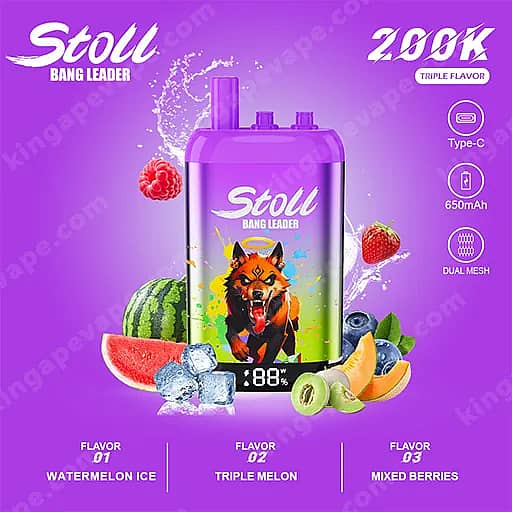 Bang Leader Stoll 200000 Puffs - 3 In 1 Flavors 200K Vape 9 A Purple Stoll Bang Leader Vape Device With A Cartoon Fox On The Label Sits Upright On A Purple Background, Surrounded By Watermelon Slices, Berries, And Melon Pieces, Highlighting Three Flavors: Watermelon Ice, Triple Melon, And Mixed Berries.