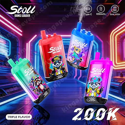 Four Stol-branded vape bottles in green, red, blue, and pink float through a neon-lit, retro-futuristic tunnel; each bottle features a cartoon character on the label and a small Triple Flavor badge, with the Stol logo visible in the upper left.