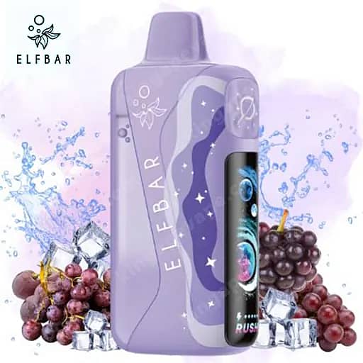 Elf Bar Lush King Pro 40000 Puffs Vape | Dual Mesh &Amp; Smart Screen Eu Warehouse 5 A Purple Elf Bar Disposable Vape Device With A Curved Lavender Label And White Stars, Shown Upright Beside Grape Clusters And Ice Cubes On A Pale Lavender Background.