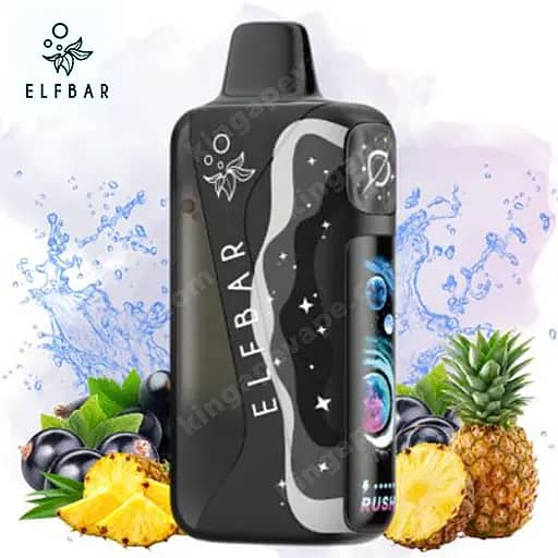Elf Bar Lush King Pro 40000 Puffs Vape | Dual Mesh &Amp; Smart Screen Eu Warehouse 6 A Black Elf Bar Disposable Vape Device With A Gray Curved Stripe And Starry Accents Stands Upright, Surrounded By Pineapple Slices And Purple Grapes With The Elf Bar Logo Visible In The Top Left.