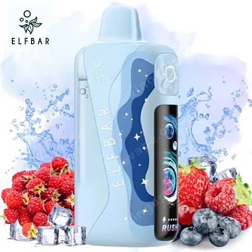 Elf Bar Lush King Pro 40000 Puffs Vape | Dual Mesh &Amp; Smart Screen Eu Warehouse 4 A Light Blue Elf Bar Pod Vape With A Dark Blue Wavy Panel And Star Accents Sits Beside Red Raspberries, Blueberries, And Ice Cubes, With The Elf Bar Logo Visible On The Device.