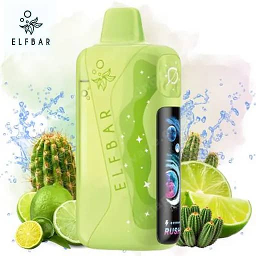 Elf Bar Lush King Pro 40000 Puffs Vape | Dual Mesh &Amp; Smart Screen Eu Warehouse 3 Bright Lime-Green Elf Bar Disposable Vape With A Curved Translucent Body And The Brand Name Along The Side, Surrounded By Lime Slices And Cacti With Splashing Water In The Background.