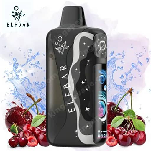 Elf Bar Lush King Pro 40000 Puffs Vape | Dual Mesh &Amp; Smart Screen Eu Warehouse 2 A Black Elf Bar Disposable Vape With A Gray Curved Panel And White Starry Accents, The Vertical Elfbar Branding, Topped By A Mouthpiece, Shown Beside Cherries And Green Leaves Against A Pale Splashy Background.