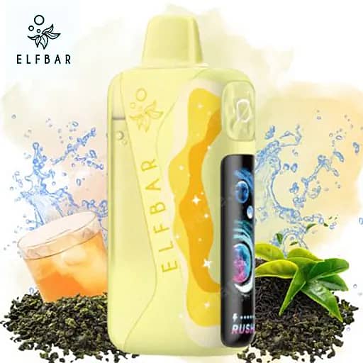 Elf Bar Lush King Pro 40000 Puffs Vape | Dual Mesh &Amp; Smart Screen Eu Warehouse 11 A Yellow Elf Bar Disposable Vape Device Stands Upright With A Curved Body And A Black Side Panel Showing Colorful Graphics, Elfbar Branding Along The Side; Background Features A Glass Of Iced Orange Drink, Green Tea Leaves, And A Splash Of Water.