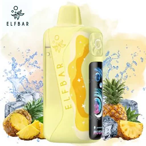 Elf Bar Lush King Pro 40000 Puffs Vape | Dual Mesh &Amp; Smart Screen Eu Warehouse 9 A Yellow Elf Bar Disposable Vape Standing Upright, Featuring The Elfbar Branding And A Curved Orange Stripe, Surrounded By Pineapple Chunks, Ice Cubes, And Tropical Leaves.