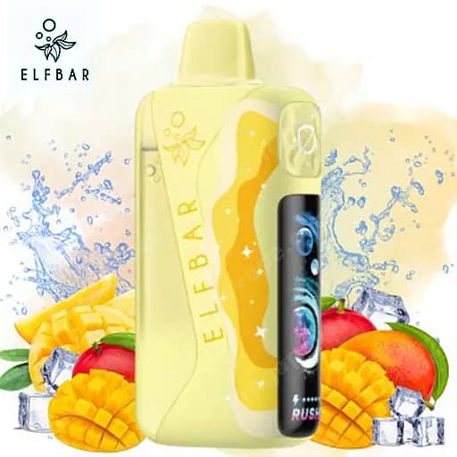 Elf Bar Lush King Pro 40000 Puffs Vape | Dual Mesh &Amp; Smart Screen Eu Warehouse 8 A Yellow Elf Bar Disposable Vape Device With A Black Vertical Panel Stands Upright, Surrounded By Mango And Pineapple Slices, Ice Cubes, And Splashes Of Water, With The Elf Bar Logo Visible In The Upper Left.
