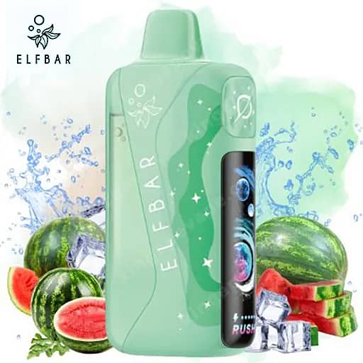 Elf Bar Lush King Pro 40000 Puffs Vape | Dual Mesh &Amp; Smart Screen Eu Warehouse 7 Mint-Green Elfbar Vape Device Standing Upright With Vertical Elfbar Branding And A Side Display, Surrounded By Watermelon Slices, Ice Cubes, And Splashing Water To Suggest A Watermelon Flavor.