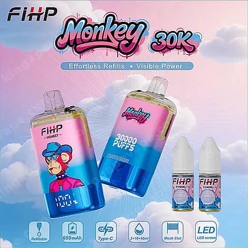 Fihp Monkey 30000 Puffs Disposable Vape | Dual Mesh &Amp; Refillable Eu Warehouse 12 Fihp Monkey 30K Vape Kit Display Featuring Two Large Gradient Pink-To-Blue Refill Bottles With A Cartoon Monkey Wearing A Blue Hat, Plus Two Smaller Refill Bottles, Set Against A Pastel Pink Cloud Sky.