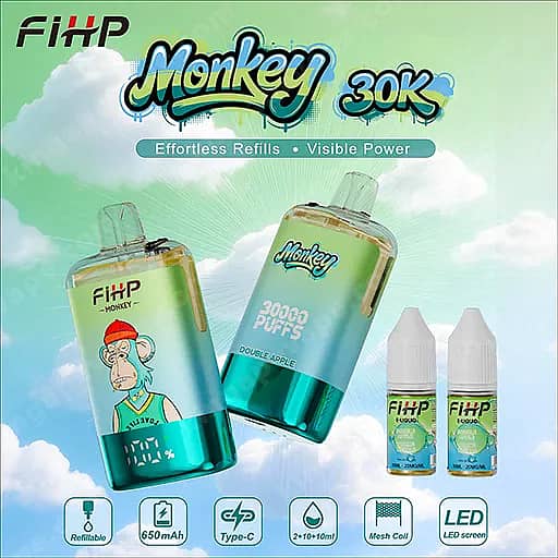 Fihp Monkey 30000 Puffs Disposable Vape | Dual Mesh &Amp; Refillable Eu Warehouse 11 Fihp Monkey 30K Refillable Vape Devices In Teal With Monkey Branding And Double Apple Flavor, Shown With Two Bottle Refills Against A Pastel Sky Background; Features Include 650Mah Capacity, Type-C Charging, Mesh Coil, And Led Screen.