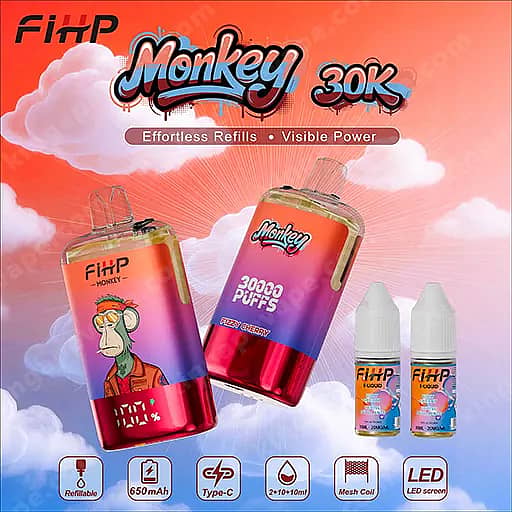 Fihp Monkey 30000 Puffs Disposable Vape | Dual Mesh &Amp; Refillable Eu Warehouse 10 Two Gradient-Colored Disposable Vape Devices With Monkey 30K Branding And A Cartoon Monkey Illustration, Flanked By Two Small E-Liquid Bottles, Set Against A Pink-To-Orange Cloudy Sky Background.