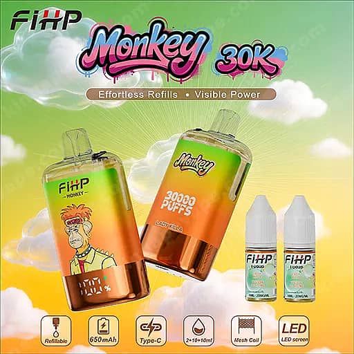 Fihp Monkey 30000 Puffs Disposable Vape | Dual Mesh &Amp; Refillable Eu Warehouse 9 Colorful Fihp Monkey 30K Vape Packaging Showing Two Gradient Orange-Yellow Pod Devices (One With A Monkey Illustration) And Two Refill Bottles, Set Against A Bright Sky With Clouds.