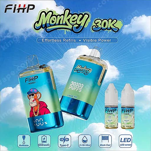 Fihp Monkey 30000 Puffs Disposable Vape | Dual Mesh &Amp; Refillable Eu Warehouse 8 Two Large Blue Gradient Monkey 30K Vape Refill Bottles With A Cartoon Monkey On The Label, Plus Two Smaller Fihp Bottles, Set Against A Bright Sky With Clouds And The Slogan 'Effortless Refills • Visible Power'.