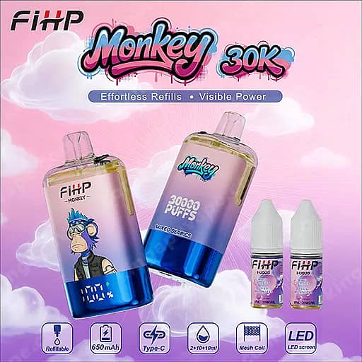 Fihp Monkey 30000 Puffs Disposable Vape | Dual Mesh &Amp; Refillable Eu Warehouse 7 Promotional Image For The Fihp Monkey 30K Vape Kit Showing Two Large Gradient Bottles With A Cartoon Monkey Logo, Plus Two Smaller Refill Bottles, Set Against A Pink Sky Background With Feature Icons At The Bottom.