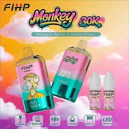 Fihp Monkey 30000 Puffs Disposable Vape | Dual Mesh &Amp; Refillable Eu Warehouse 6 Advertisement For Monkey 30K Vape Devices Featuring Two Large Transparent Bottles With Teal And Pink Gradient Liquids And A Cartoon Monkey Graphic, Set Against A Pastel Cloudy Sky With The Slogan Effortless Refills • Visible Power.