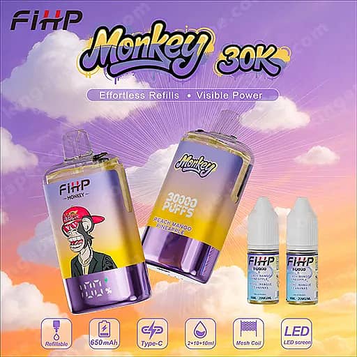 Fihp Monkey 30000 Puffs Disposable Vape | Dual Mesh &Amp; Refillable Eu Warehouse 5 Fihp Monkey 30K Vape Kit Advertisement Featuring Two Large Purple-Yellow Refill Bottles With A Monkey Mascot And Two Smaller Refill Bottles On The Right, Set Against A Purple-To-Orange Sunset Sky With Clouds, With The 'Monkey 30K' Logo And The Slogan 'Effortless Refills • Visible Power'.