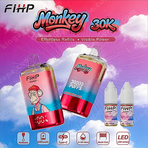 Fihp Monkey 30000 Puffs Disposable Vape | Dual Mesh &Amp; Refillable Eu Warehouse 3 Colorful Fihp Monkey 30K Vape Advertisement Showing A Red Bottle With A Cartoon Monkey, A Pink-To-Blue Gradient Bottle Labeled Monkey 30K Puffs, And Two Small White-Topped Refill Bottles Against A Pink Sky With Clouds.