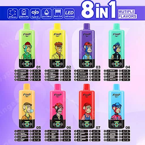 Fihp 8In1 200000 Puffs Disposable Vape | Led Display 200K Vape 2 Promotional Banner For 8In1 Multiple Flavors Showing Eight Colorful Bottles With Cartoon Characters, Arranged In Two Rows And Numbered 01–04 On The Top Row And 05–08 On The Bottom Row.