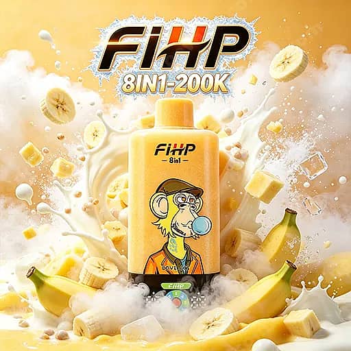 Fihp 8In1 200000 Puffs Disposable Vape | Led Display 200K Vape 4 Yellow Fihp Bottle Labeled 8In-200K Features A Cartoon Monkey Blowing A Bubble, Set Against A Splashy Milk Background With Banana Slices Floating Around.
