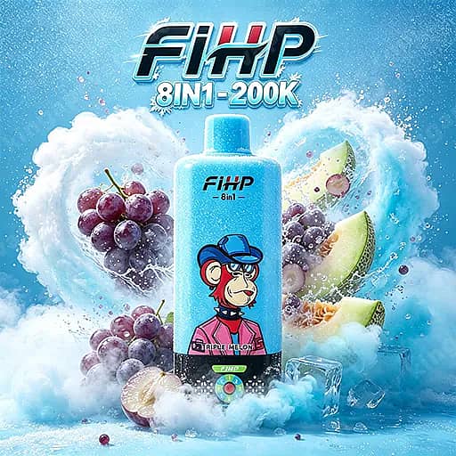 Fihp 8In1 200000 Puffs Disposable Vape | Led Display 200K Vape 11 Bright Blue Fihp 8In1-200K Bottle With A Cartoon Monkey Wearing A Blue Hat On The Label, Surrounded By Ice And Fruit Slices Such As Grapes, Kiwi, And Melon.